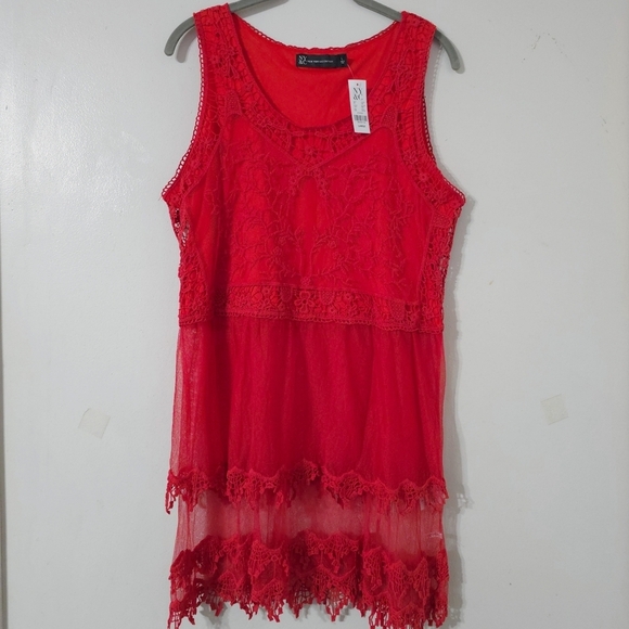 NEW YORK & COMPANY Nwt Lace-Mesh Sleeveless Tiered Tunic Top, Red, L - Picture 3 of 16